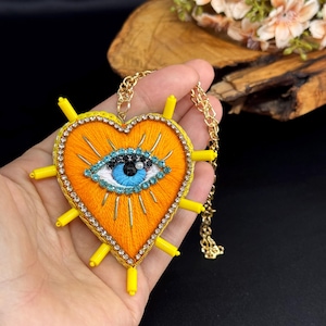 Heart and Evil Eye Car Mirror Accessory-Rearview Mirror Hanger and Car Charm, Protective Evil Eye and Heart Car Mirror Charm-Car Accessories
