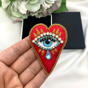 Handmade Red Heart Evil Eye Brooch: Beaded Embroidery Pin