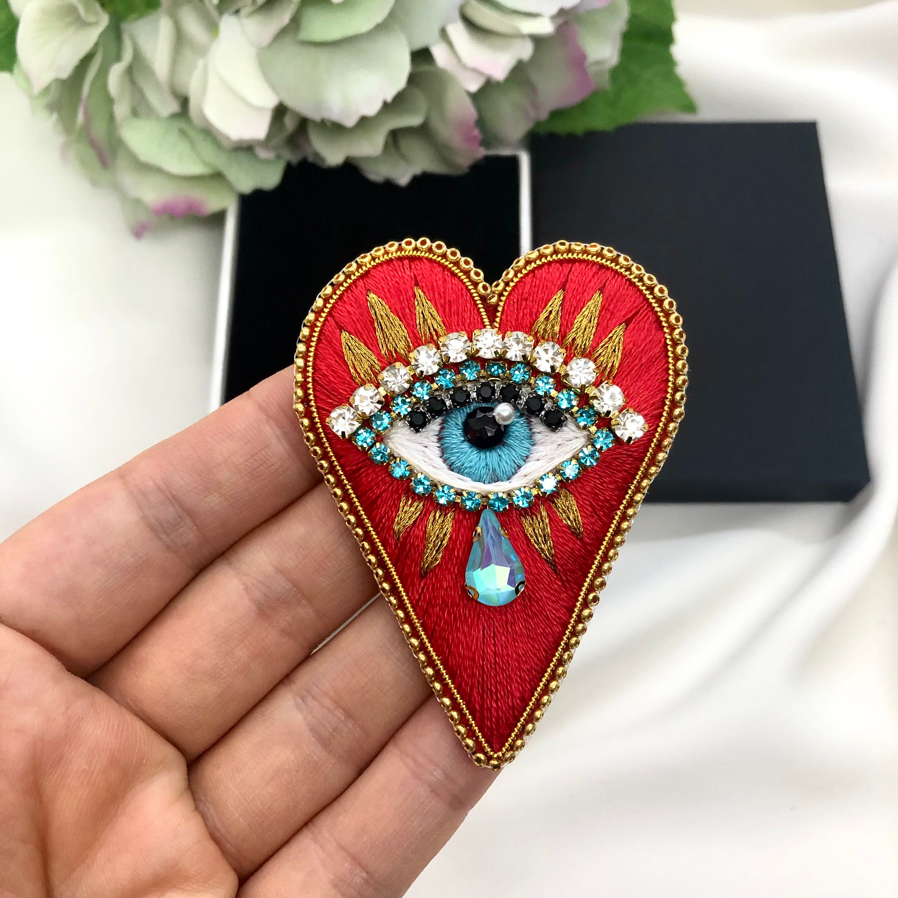 Handmade Red Heart Evil Eye Brooch: Beaded Embroidery Pin