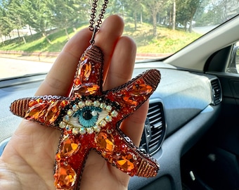 Colgador de espejo retrovisor con forma de estrella de mar naranja con cuentas, hecho a mano.