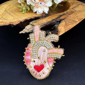 Handmade Embroidered Anatomical Heart Brooch