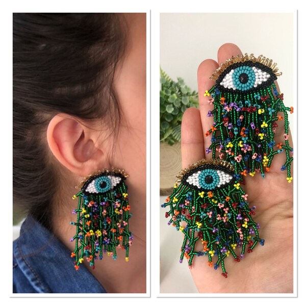 evil eye earrings, eye earrings stud, evil eye jewelry, statement earrings, bright earrings, beaded stud earrings