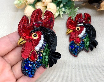 Handmade Embroidered Rooster Brooch: Beaded Rooster Pin