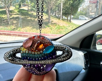 Planet Car Charm: Celestial Evil Eye Rearview Mirror Accessory