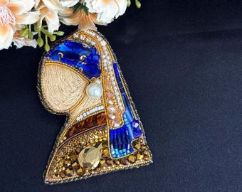 Girl with a Pearl Earring Brooch: Beaded Embroidered Pin