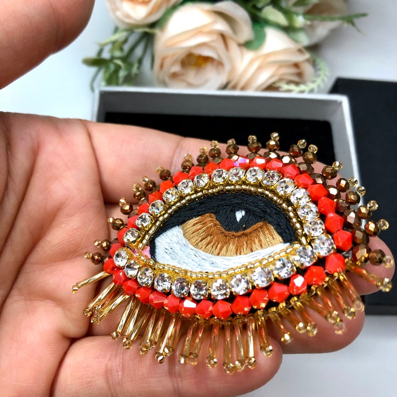 Beaded Embroidered Brown Eye Brooch Pin - Etsy