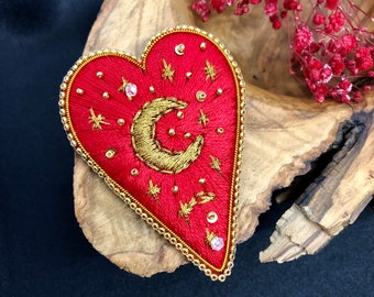 Handmade Red Heart Brooch, Embroidery Brooch Heart, Personalized design gifts, Customized accessory, Boho Brooch, Vintage Brooch, Sky Brooch