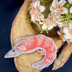 Handcrafted Beaded Shrimp Lapel Pin - Sea Animals Brooch Gift, Rhinestone Shrimp Stone Brooch Pin - Unique Jewelry Gift