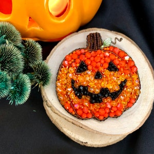 Handmade Beaded Pumpkin Brooch - Halloween Festive Accessory