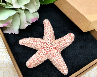 Handmade Beaded Starfish Brooch: Salmon Crystal Nautical Jewelry