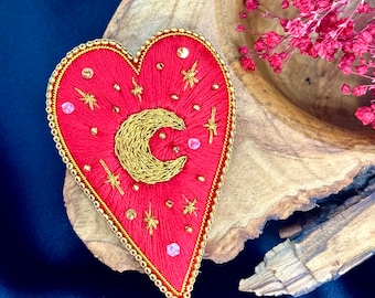 Handmade Red Heart Brooch, Embroidery Brooch Heart, Personalized design gifts, Customized accessory, Boho Brooch, Vintage Brooch, Sky Brooch