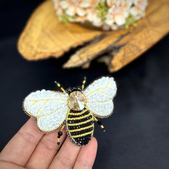 Handmade Crystal Bee Brooch: Embroidered Honey Bee Jewelry