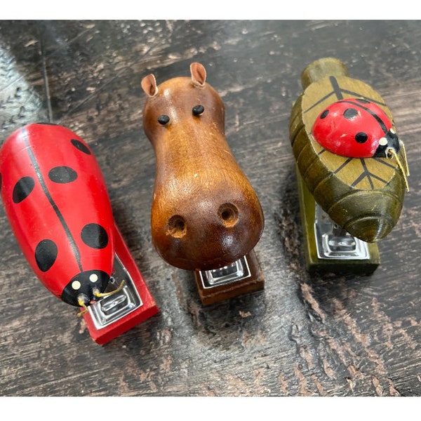 Set Of Antique Wooden Animal Staplers: 3 Ladybug, Hippo, Leaf W/ Lady Bug