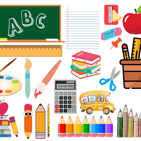 School Clipart Set, School Supplies Clipart Set,  stationery, back to school, pencils, crayons, education, Cute School Supplies Clipart, Png