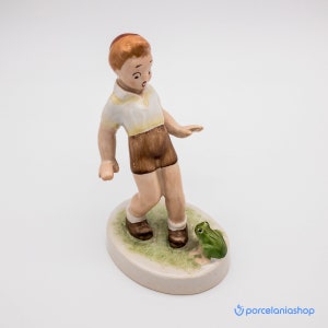 Boy with a Frog, rare vintage ceramic figurine from Budapest, Hungary
