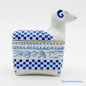 Rare Vintage Hollohaza Porcelain Ram-Shaped Candy Bowl, Hand-Painted Mid-20th Century Figurine - Excellent Condition