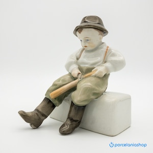 Boy Carving a Stick, very rare vintage Zsolnay porcelain figurine