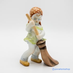 Little Girl with a Broom, very rare vintage Herend porcelain figurine