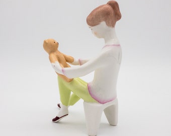 Girl with Teddy Bear, rare vintage Aquincum Budapest porcelain figurine