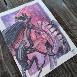 Darth Vader Vs Xenomorphs - watercolor art 5&quot; x 10&quot;