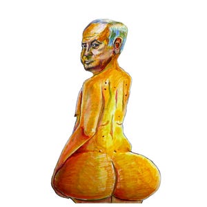 May include: A colorful illustration of a figure with a yellow-orange skin tone, depicted from the back and side. The figure has a bald head with blue and white hair, and a large posterior. The artwork is set against a white background.
