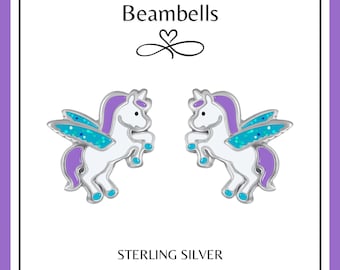 Sterling Silver Pegasus Stud Earrings: Enamel Unicorn Jewelry
