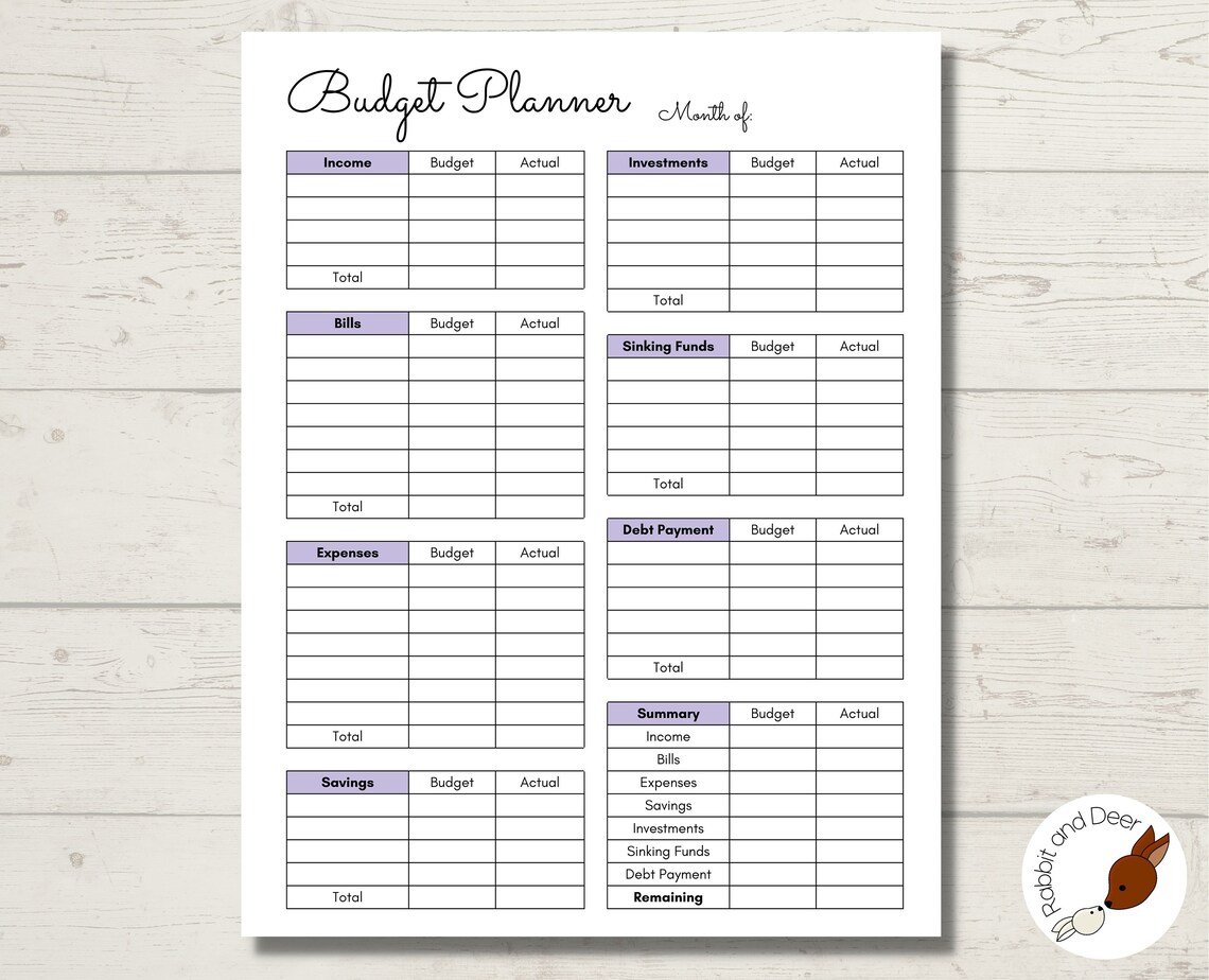 Monthly Budget Planner Printable Purple Financial Planner Etsy