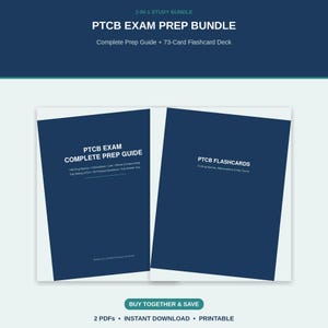 May include: A 2-in-1 study bundle featuring a PTCB Exam Complete Prep Guide and a 73-card flashcard deck. The dark blue covers display white text detailing drug names, calculations, law, sterile compounding, and practice questions for exam prep.