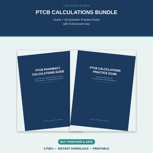 Può includere: Un pacchetto di studio 2-in-1 con due documenti blu scuro intitolati PTCB Pharmacy Calculations Guide e PTCB Calculations Practice Exam. La guida include 13 formule fondamentali, esempi svolti e una scheda di riferimento. L'esame contiene 40 domande con una chiave di risposta completa e soluzioni passo dopo passo.