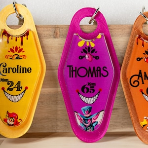 Hazbin Hotel Themed Customizable Keychains - Personalized Name & Room Number Key Tags - Acrylic Hotel Keychain