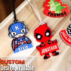 Personalized Superhero,  Iconic Character Luggage Tags, -Custom Name Bag Tags for Travel,  School Gear, Name Tag, Luggage Tags, Superhero