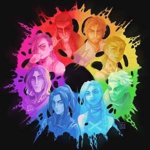May include: A digital art print featuring eight characters, each framed within a vibrant, rainbow-colored splash against a black background. The characters are depicted with varying skin tones and hair colors, showcasing a range of expressions and styles. The artwork has a stylized, illustrative quality.