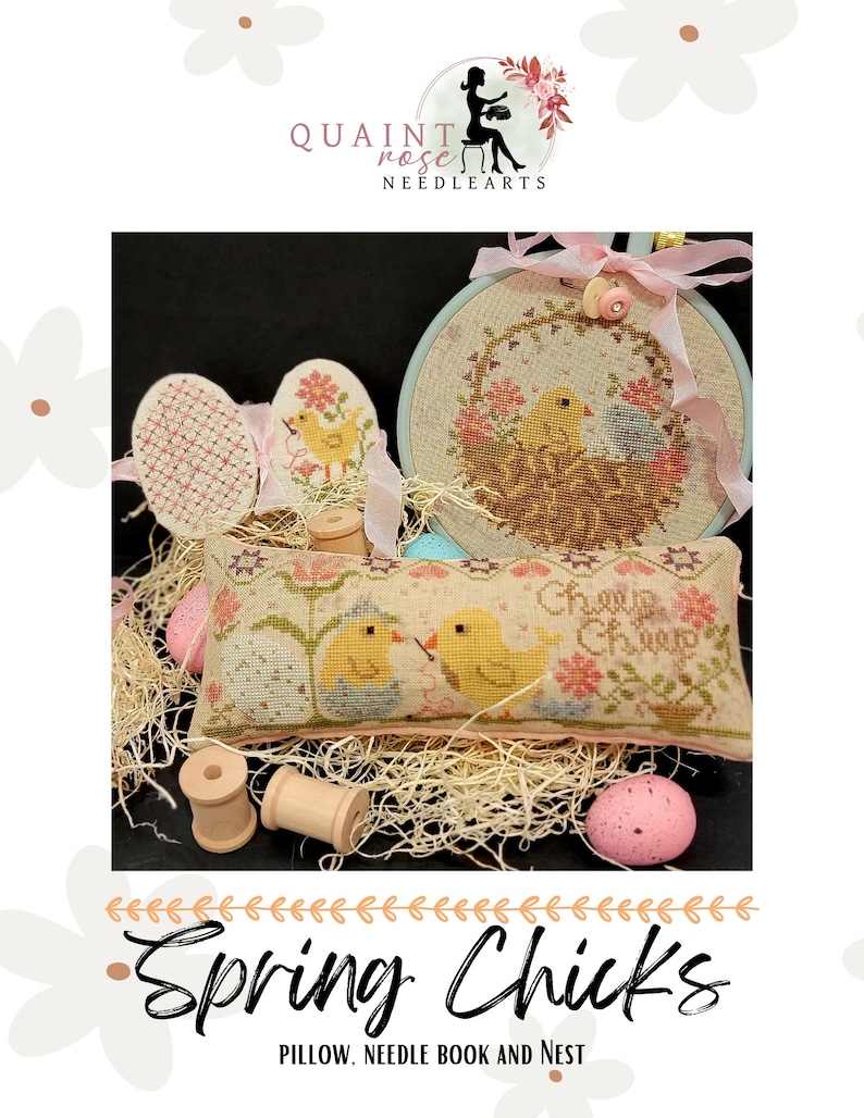 May include: A cross stitch kit featuring a pillow, needle book, and nest with a design of two yellow chicks in a nest with the text "Grow up, chicks".