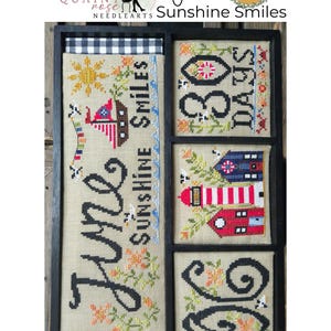 May include: Cross-stitch sampler with the words "June Sunshine Smiles" and various nautical and floral designs. The sampler is framed in a black wooden frame with a gingham border.
