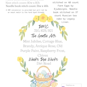 May include: A digital illustration of a basket filled with colorful Easter eggs. The basket is surrounded by green leaves and yellow flowers. The text "DMC 310, 829, 921 The Gentle Arts" is displayed above the basket. The text "Mint Jubilee, Cottage Blue, Brandy, Antique Rose, Old Purple Paint, Raspberry Frost, Chives Weeks Dye Works Dirt Road" is displayed below the basket. The text "Quaint Rose Needle Arts &copy; 2023 All Rights Reserved" is displayed at the bottom of the image.