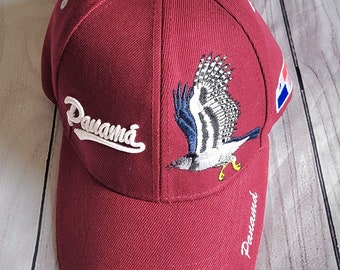 May include: A maroon baseball cap with a white embroidered logo that says "Panama" and a white and blue embroidered bird design. The cap also has a small blue, white, and red patch on the side.