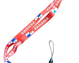 May include: Red lanyard with the word "PANAMA" repeated four times and a small Panamanian flag printed on each side. The lanyard has a black plastic clip and a black and silver swivel hook.