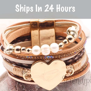 Heart Leather Bracelet: Gold-Tone Boho Multi-Row with Freshwater Pearls