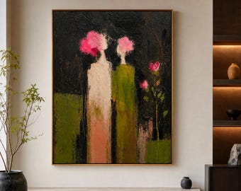 Large Textured Abstract Floral Painting,Brown and Green Retro Minimalist Canvas Art,Living Room Wall Decor