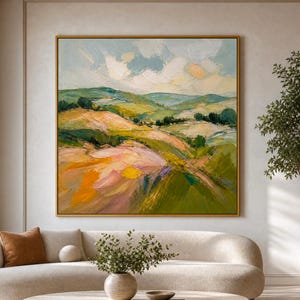 Groot abstract landschapsschilderij op canvas, levendige impressionistische muurdecoratie, origineel schilderij met dikke textuur, geschilderd met een paletmes, verzamelobject.