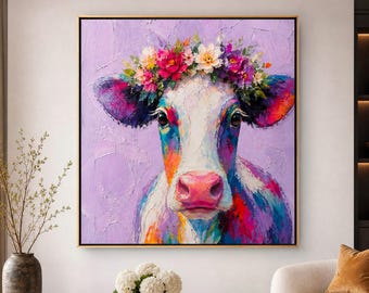 3D Textured Floral Cow Oil Painting, Original Colorful Animal Fine Art, Hand-Painted Vibrant Modern Farmhouse Decor,collectible art