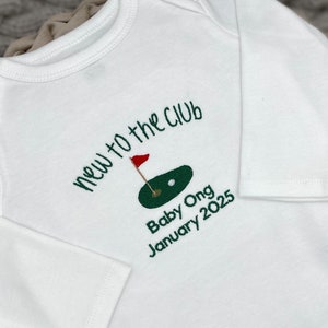 Embroidered Bodysuit New to the Club • Custom Golf ONESIES® Brand • Daddy&#39;s Golfing Buddy • Baby Announcement • Golf Cute Pregnancy Bodysuit