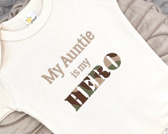 Embroidered My Auntie is my Hero Bodysuit • Custom Military Bodysuit • Auntie in the Army Gift • Auntie is Deployed • Army Baby Gift