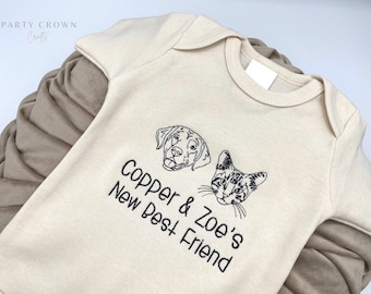 Embroidered New Best Friend Pet Bodysuit • Pet Baby Announcement • Personalized Dog Name Cat Name • Baby Shower Gift • Custom Breed