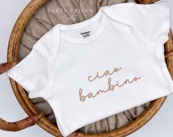 Embroidered Ciao Bambino Bodysuit, Italian Pregnancy Announcement To Grandparents, Italian Baby Gifts, Italian Pregnancy Reveal, Italy