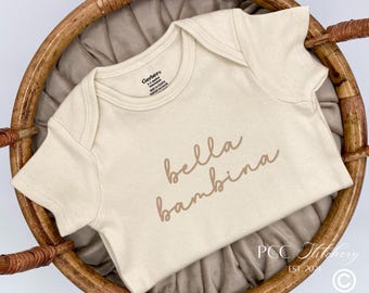 Embroidered bella bambina Bodysuit, Italian Pregnancy Announcement To Grandparents, Italian Baby Gifts, Italian Pregnancy Reveal, Italy