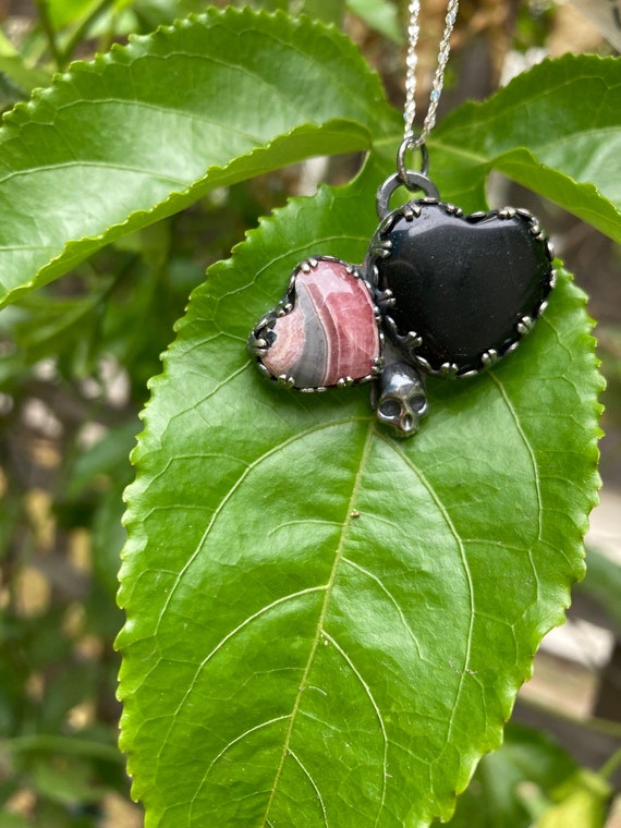 Black Onyx Heart with Rhodochrosite Hand Made in Sterling Silver Pendant