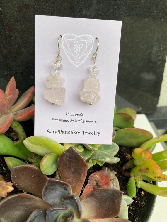Natural Raw Rose Quartz Nugget Earrings with Rock Crystal Quartz in Sterling Silver ~Hand Made~