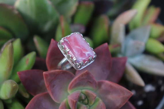 Hand made 7.45 ct Saturated Strawberry Pink Opal Square Ring in Sterling Silver