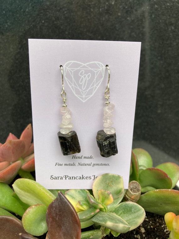 Natural Black Tourmaline Earrings with Rose Quartz in Sterling Silver ~Hand Made~ Rough Raw Nugget